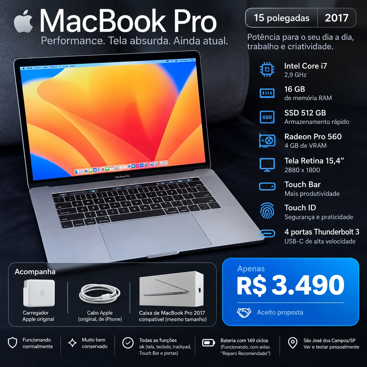 Arte do anúncio do MacBook Pro 2017, com configurações, preço de R$ 3.490 e aviso sobre a bateria.